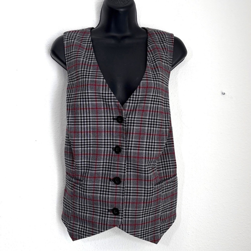 Plaid Vest Women's XXL Sleeveless Button Up Blazer Top Gray Red Dark Academia